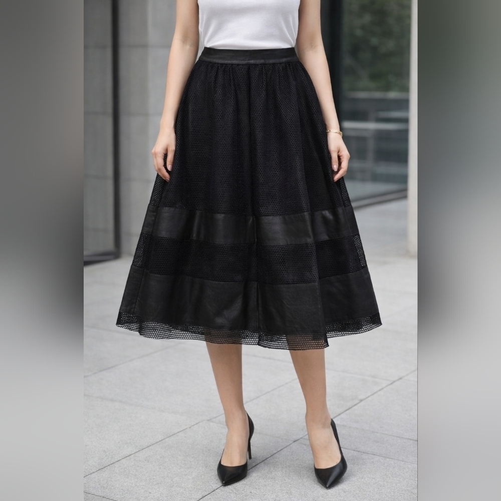 Endless Rose Black Mesh & Faux Leather A-Line Skirt – Size S